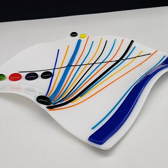 Fused Glass Decorative Plate Bold & Vibrant Color Lines Dots White Square 1980s - Picture 7 of 7
